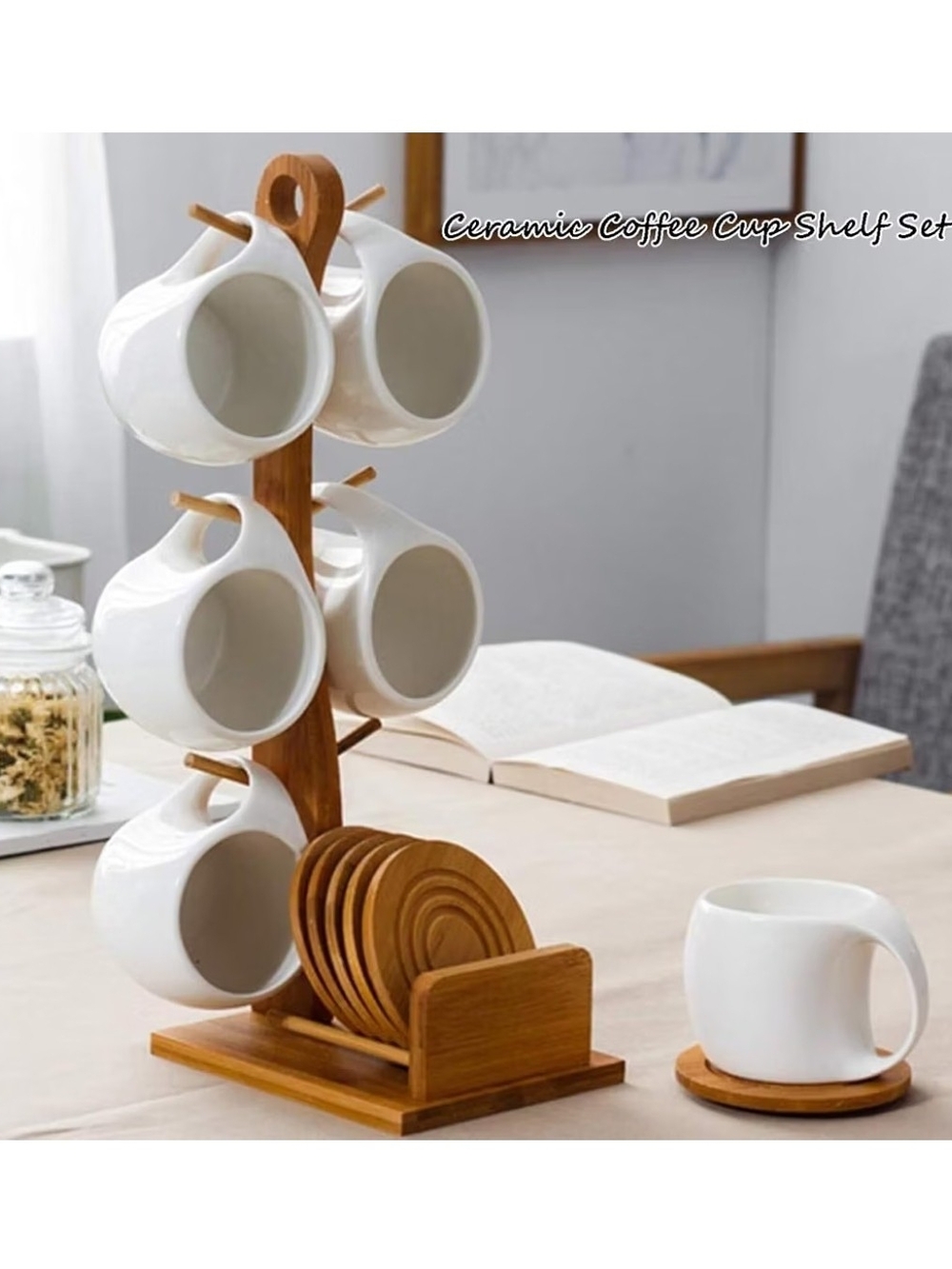 NIB Bamboo Coffee Cup Shelf with 6 Ceramic Cups & Coasters